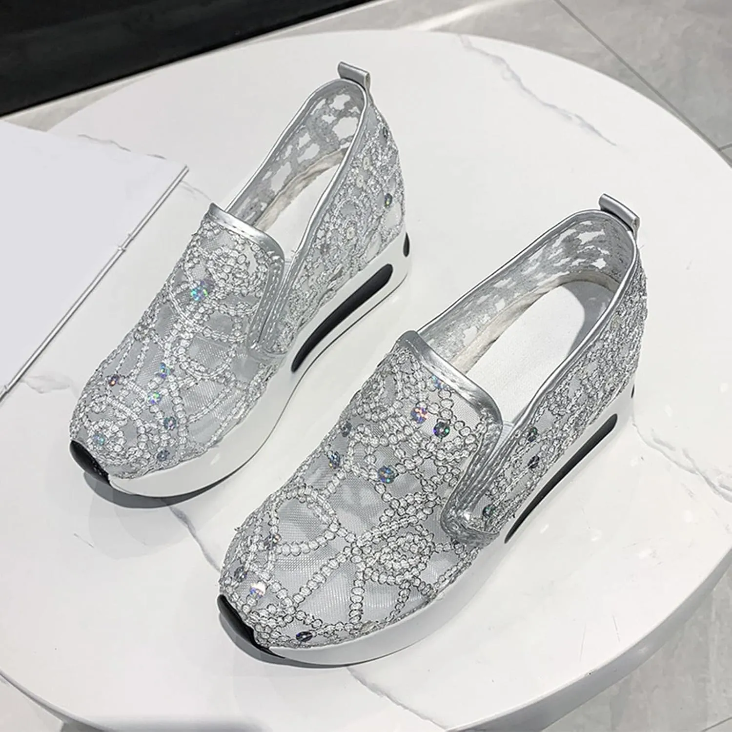 SACFOF Women's Floral Embroidery Breathable Mesh Sneakers Summer Platform Shoes Hidden Wedge High Top Walking Sneakers