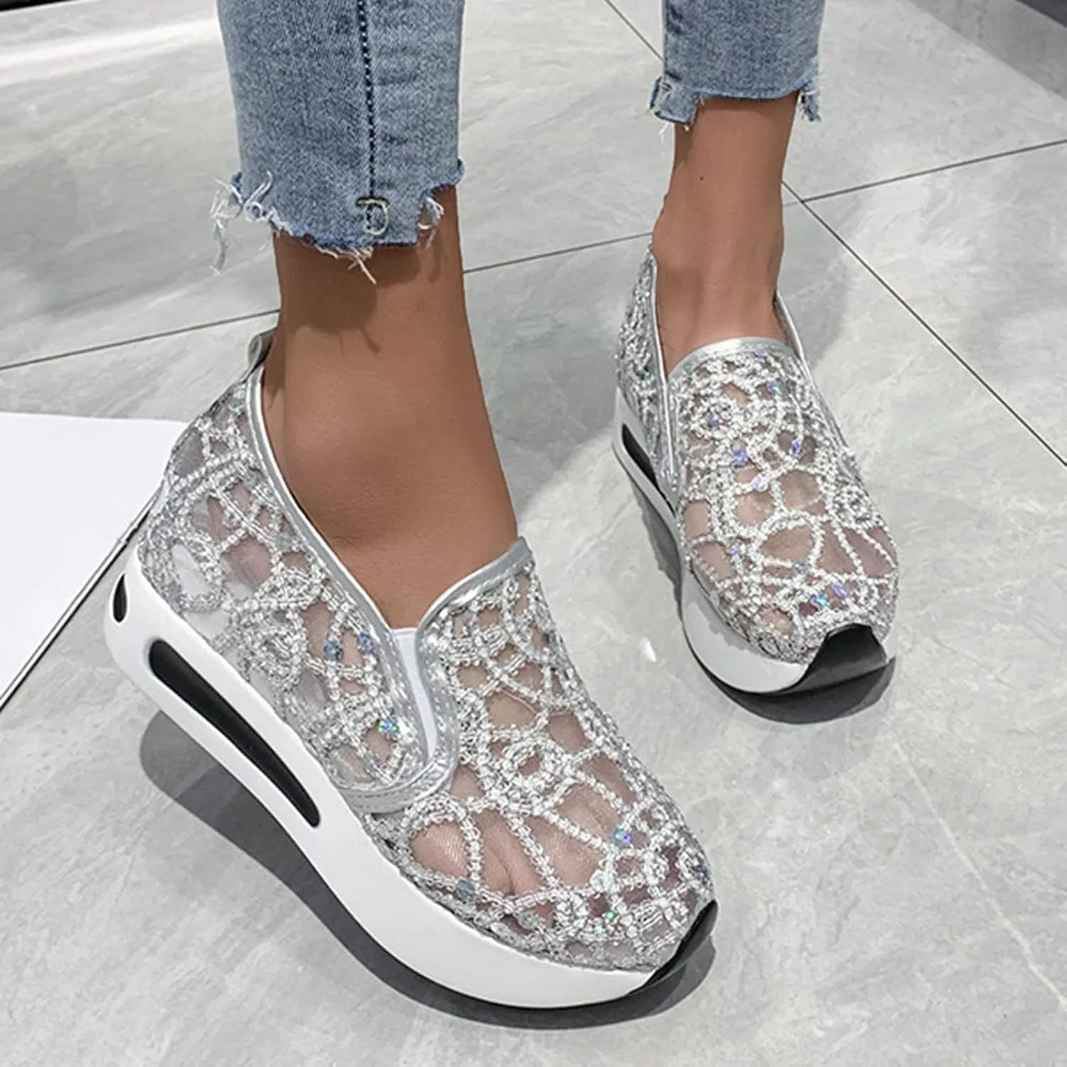 SACFOF Women's Floral Embroidery Breathable Mesh Sneakers Summer Platform Shoes Hidden Wedge High Top Walking Sneakers