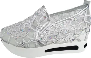 SACFOF Women's Floral Embroidery Breathable Mesh Sneakers Summer Platform Shoes Hidden Wedge High Top Walking Sneakers