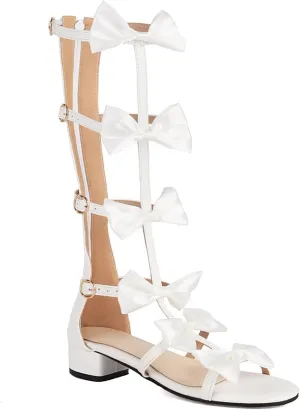 SACFOF Womens Knee High Gladiator Dressy Sandals Bow Open Toe Summer Buckle Roman Flat Boots Back Zipper Low Heel Sandals