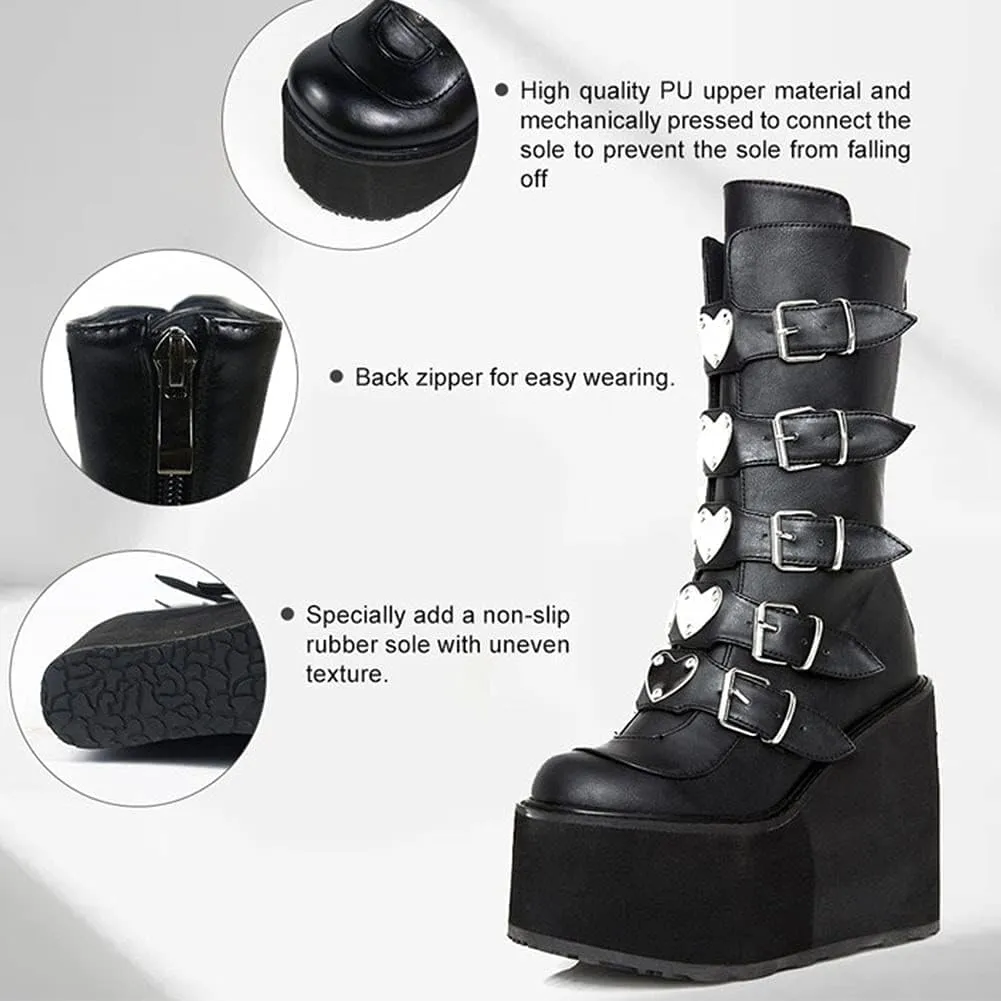 SACFOF Women's Platform Mid Calf Boots,Winter Chunky High Heel Wedge Boots Goth Zip Buckles Combat Round Toe Motorcycle Boots