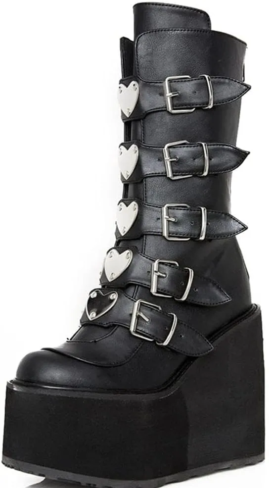 SACFOF Women's Platform Mid Calf Boots,Winter Chunky High Heel Wedge Boots Goth Zip Buckles Combat Round Toe Motorcycle Boots