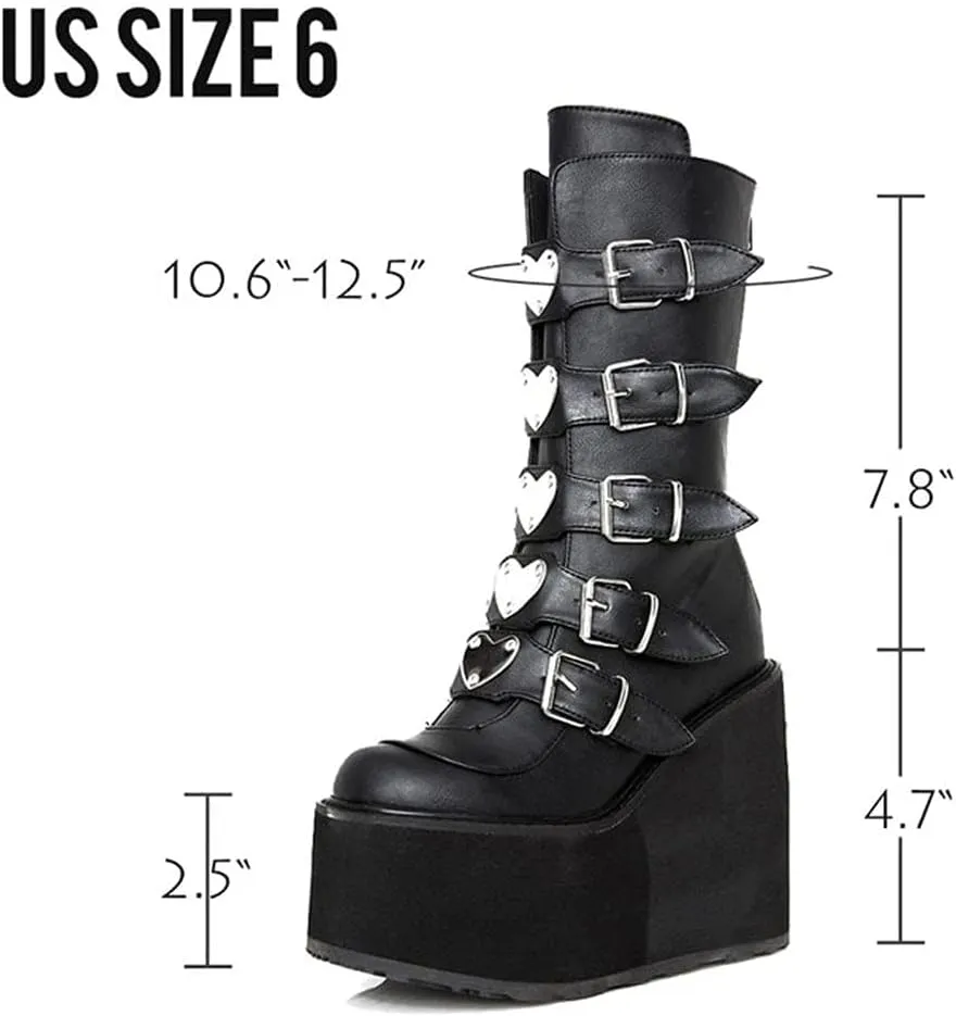 SACFOF Women's Platform Mid Calf Boots,Winter Chunky High Heel Wedge Boots Goth Zip Buckles Combat Round Toe Motorcycle Boots