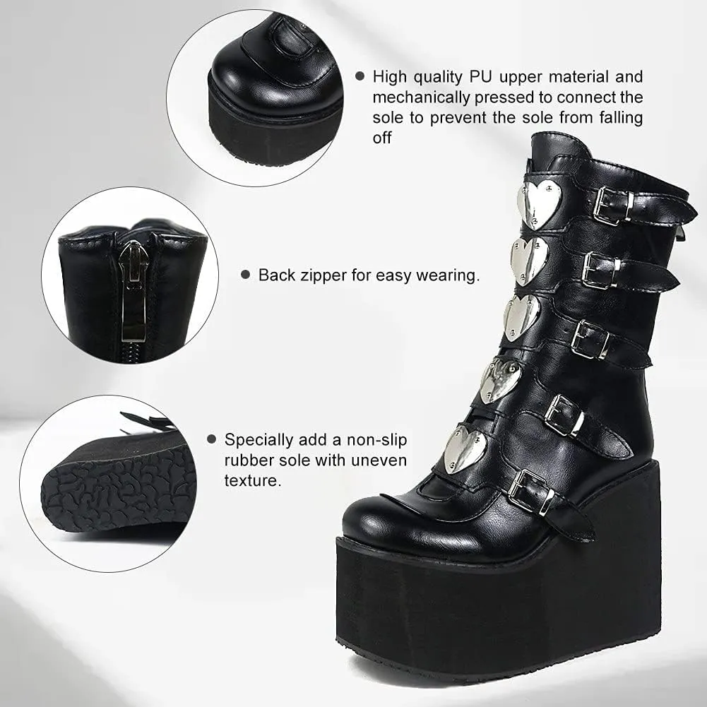 SACFOF Women's Platform Mid Calf Boots,Winter Chunky High Heel Wedge Boots Goth Zip Buckles Combat Round Toe Motorcycle Boots