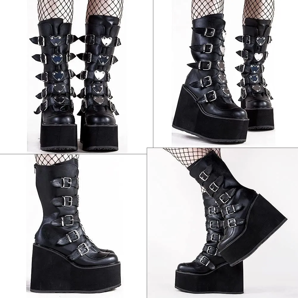 SACFOF Women's Platform Mid Calf Boots,Winter Chunky High Heel Wedge Boots Goth Zip Buckles Combat Round Toe Motorcycle Boots