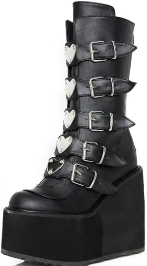SACFOF Women's Platform Mid Calf Boots,Winter Chunky High Heel Wedge Boots Goth Zip Buckles Combat Round Toe Motorcycle Boots