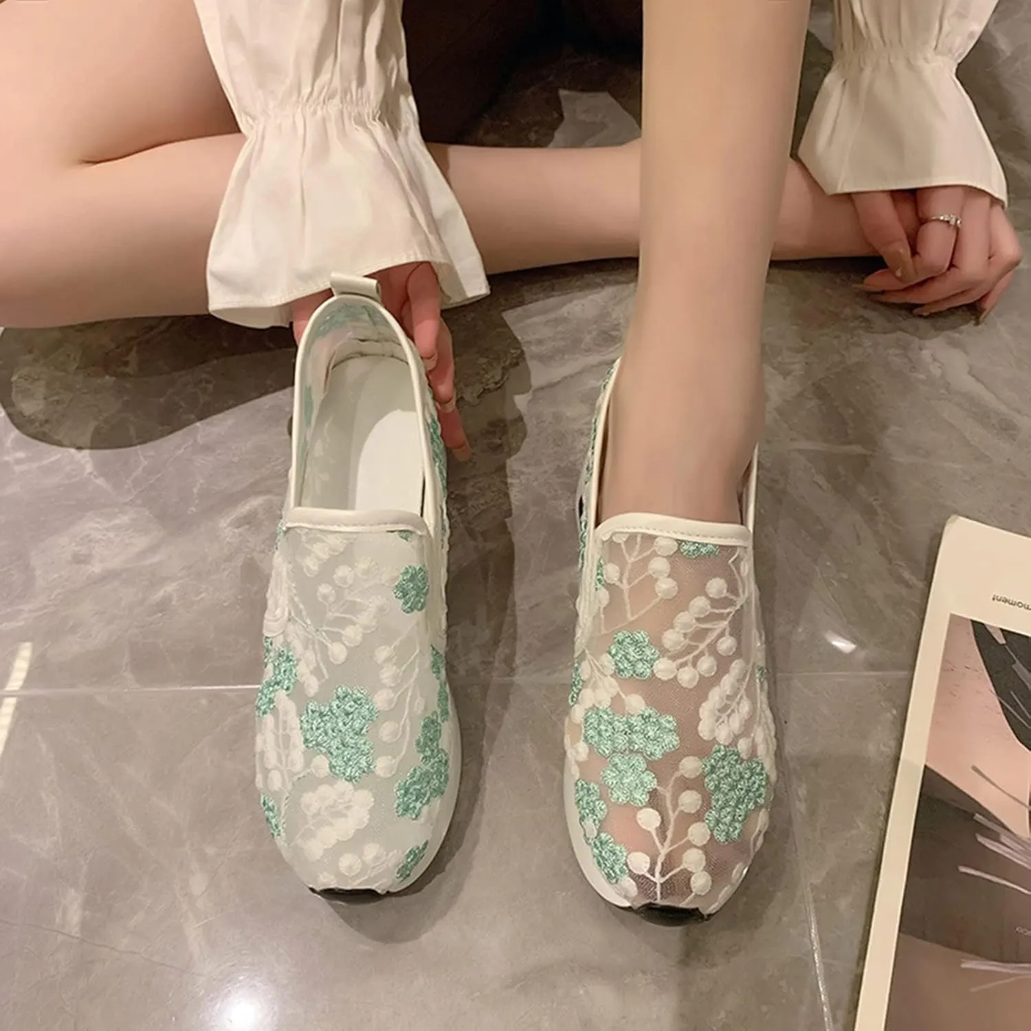 SACFOF Women's Platform Wedge Sneakers Floral Embroidery Breathable Mesh Summer Platform Shoes Hidden Walking Loafers