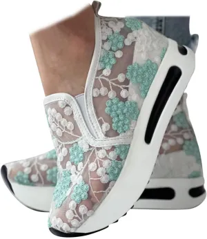 SACFOF Women's Platform Wedge Sneakers Floral Embroidery Breathable Mesh Summer Platform Shoes Hidden Walking Loafers