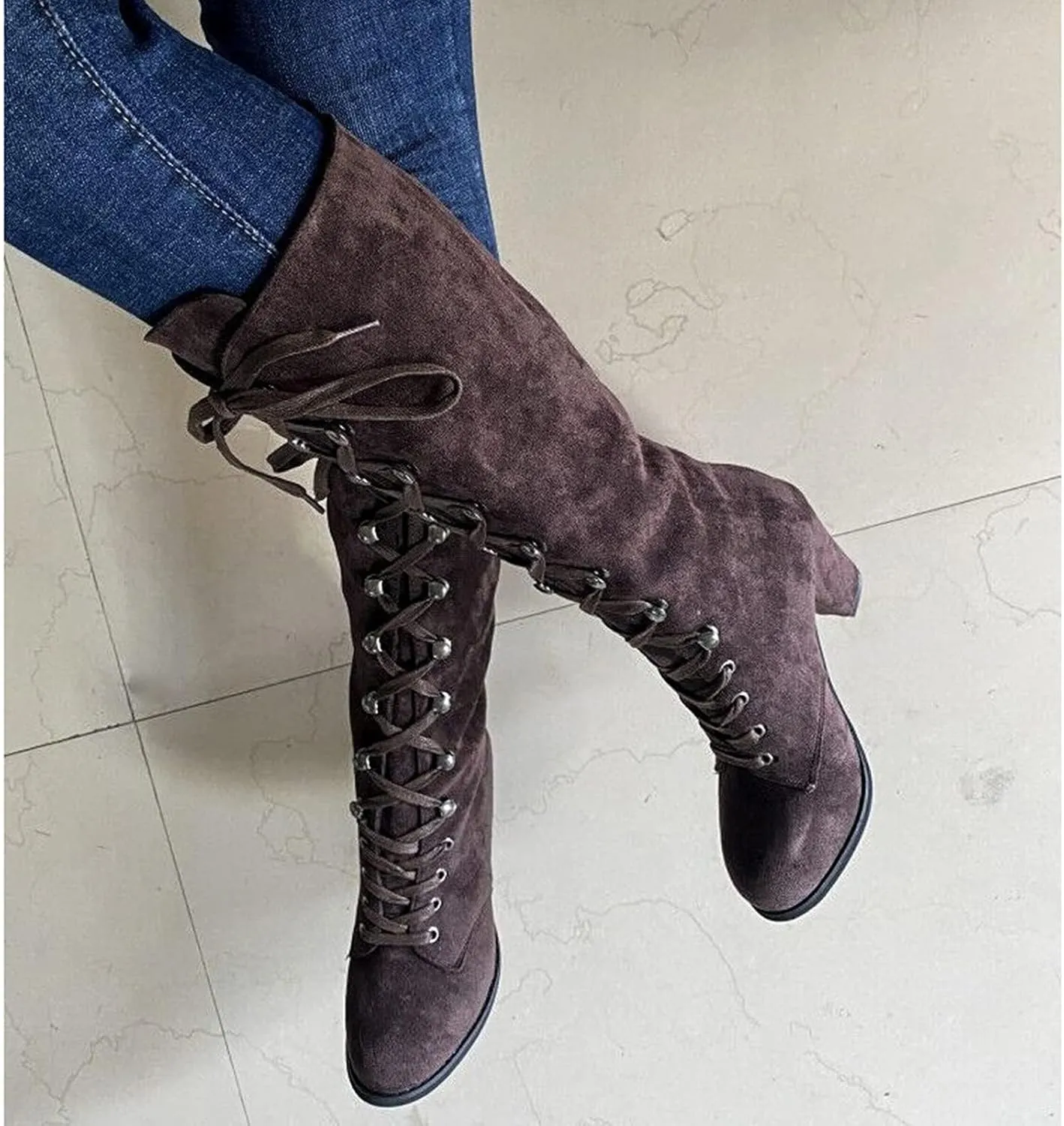 SACFOF Women's Suede Knee High Boot Ladies Lace up High Chunky Heeled Winter Boots Combat Riding Military Boots for Women