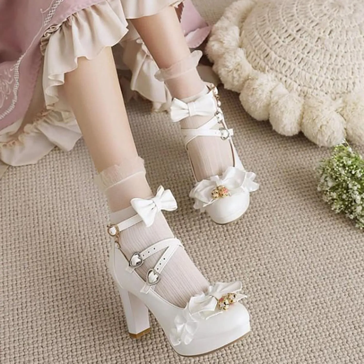Sandals Sweet And Fresh Lace Bow Thick Sole Ladies Fairy High Heel Sandals Slides for Women Comfort