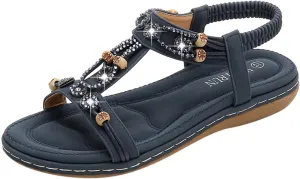 Sandals Women Bohemian Beaded Sandals Elastic Ankle Strap Sandals Outdoor T-Strap Sandal Dress Summer Beach Shoes