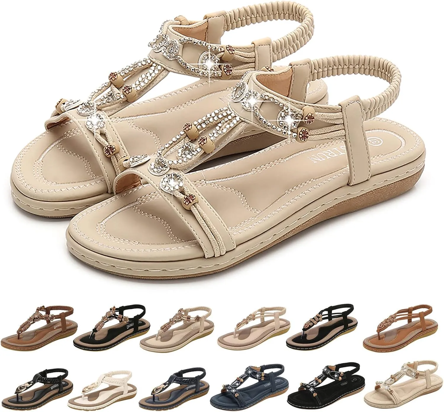 Sandals Women Bohemian Beaded Sandals Elastic Ankle Strap Sandals Outdoor T-Strap Sandal Dress Summer Beach Shoes