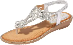 Sandals Women Bohemian Beaded Sandals Elastic Ankle Strap Sandals Outdoor T-Strap Sandal Dress Summer Beach Shoes