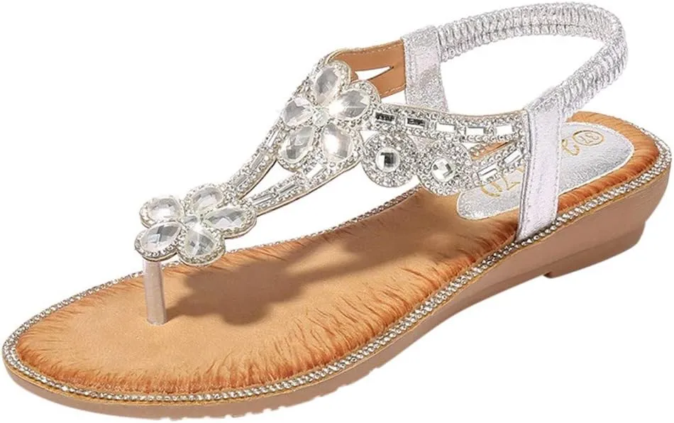 Sandals Women Bohemian Beaded Sandals Elastic Ankle Strap Sandals Outdoor T-Strap Sandal Dress Summer Beach Shoes