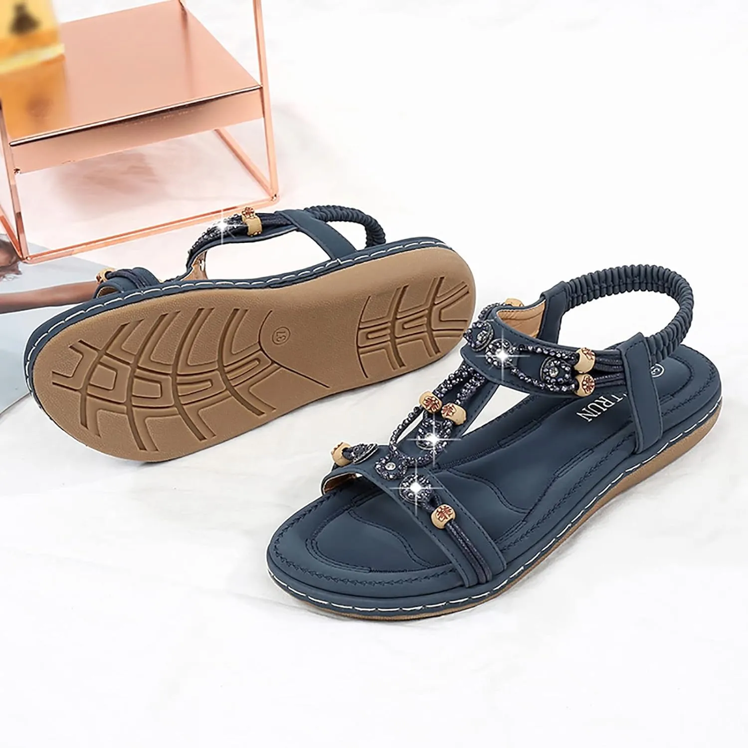 Sandals Women Bohemian Beaded Sandals Elastic Ankle Strap Sandals Outdoor T-Strap Sandal Dress Summer Beach Shoes