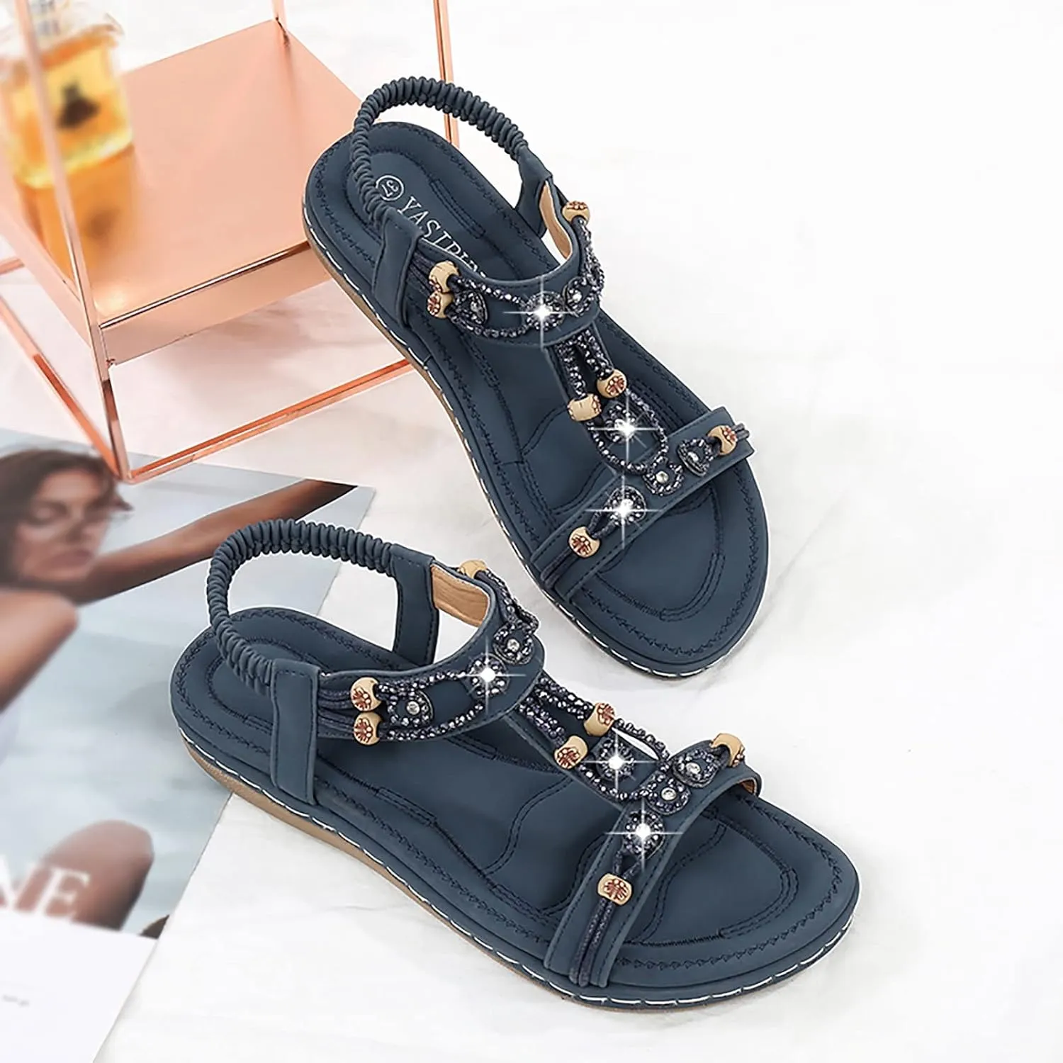 Sandals Women Bohemian Beaded Sandals Elastic Ankle Strap Sandals Outdoor T-Strap Sandal Dress Summer Beach Shoes