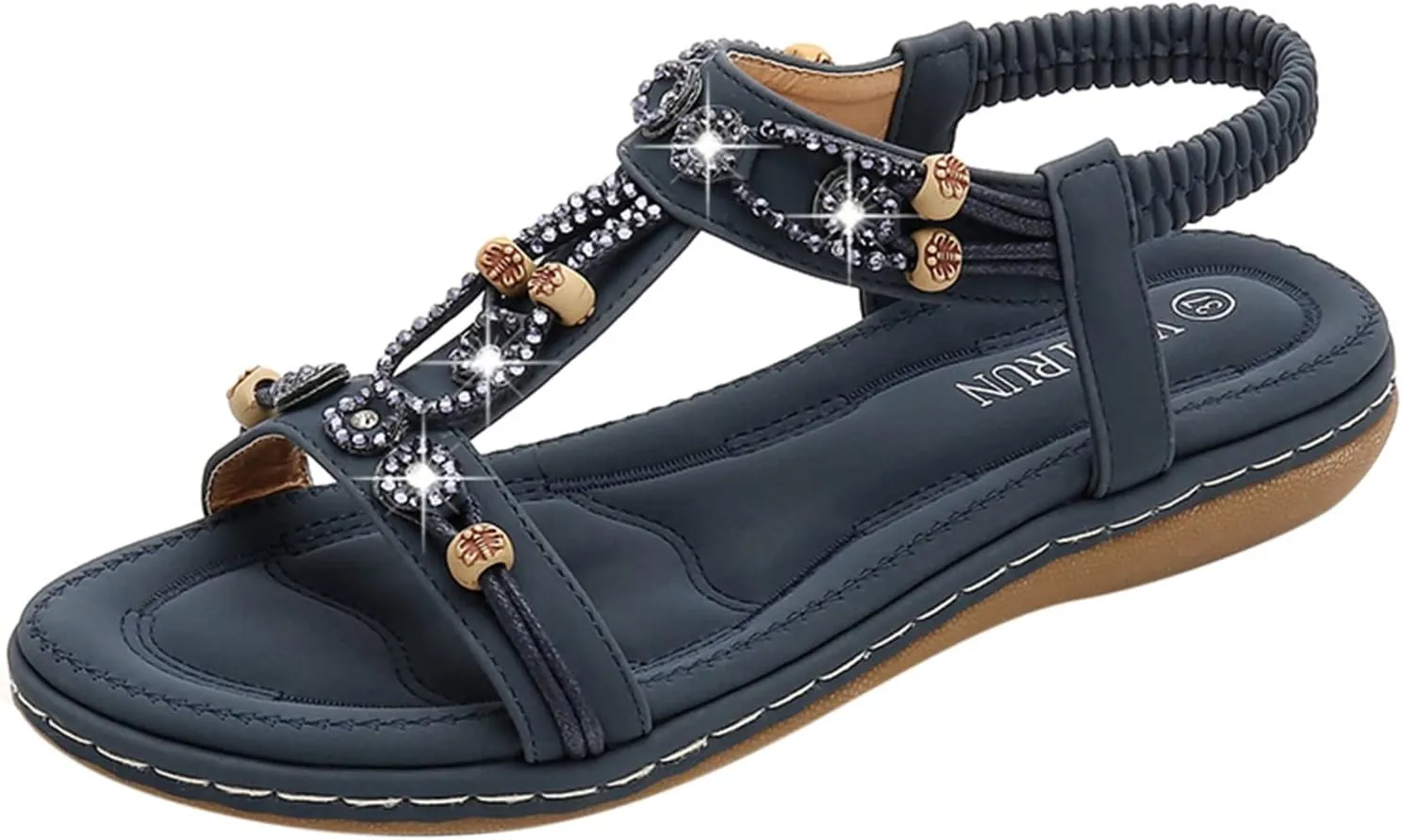 Sandals Women Bohemian Beaded Sandals Elastic Ankle Strap Sandals Outdoor T-Strap Sandal Dress Summer Beach Shoes