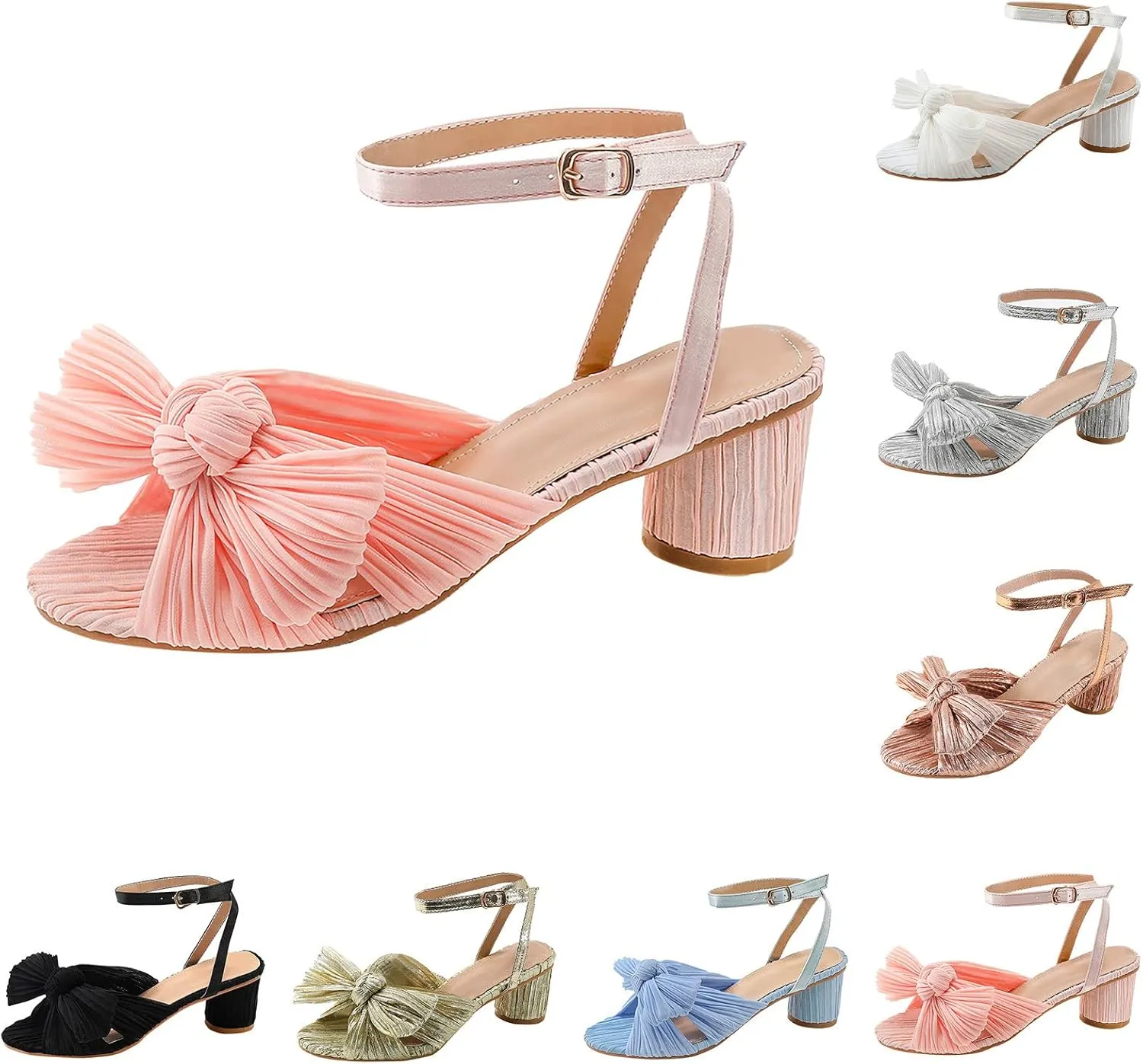 Sandals Women Bow Knot Heeled Sandals Open Toe High Block Heels Ankle Strap Chunky Heels Bride Wedding Shoes