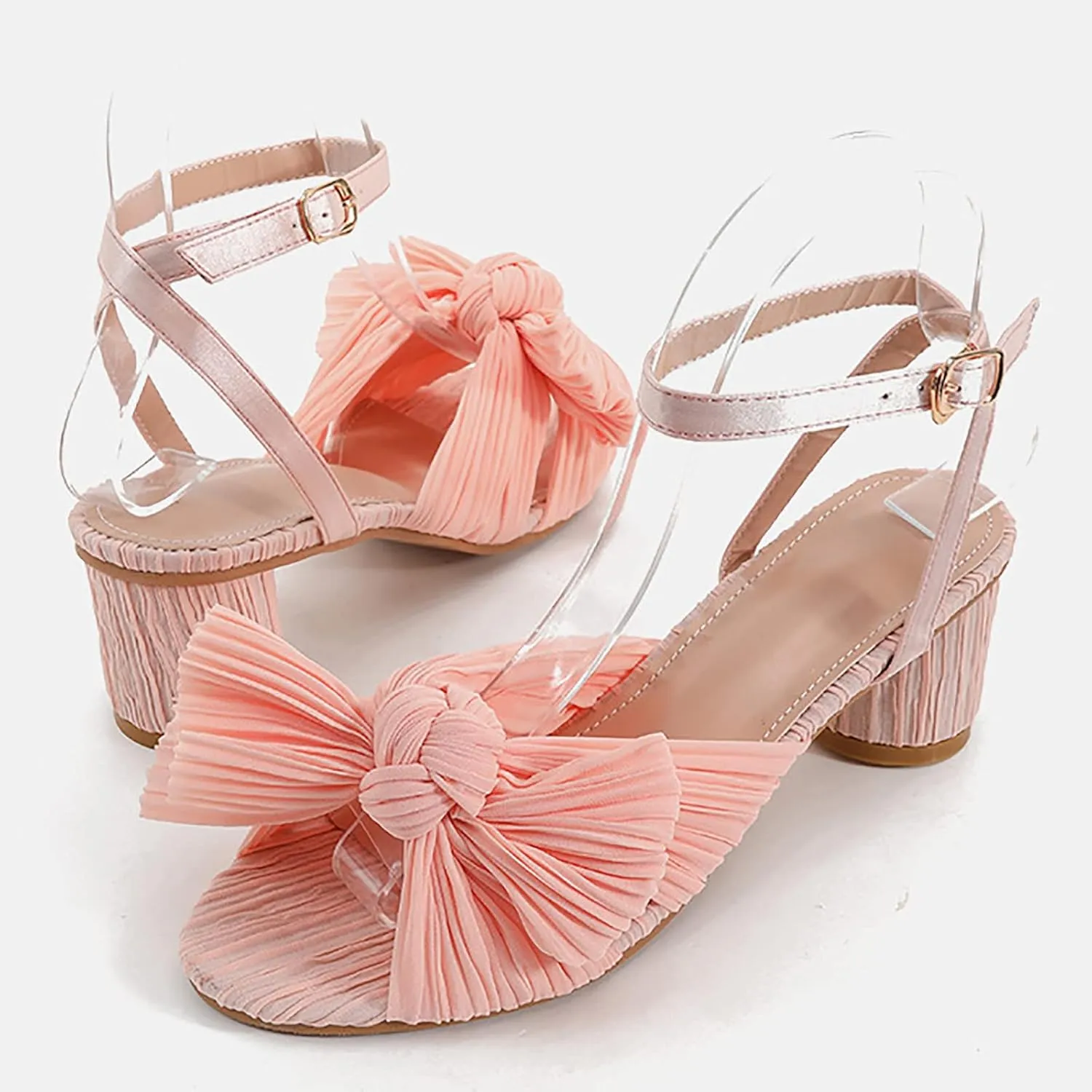 Sandals Women Bow Knot Heeled Sandals Open Toe High Block Heels Ankle Strap Chunky Heels Bride Wedding Shoes