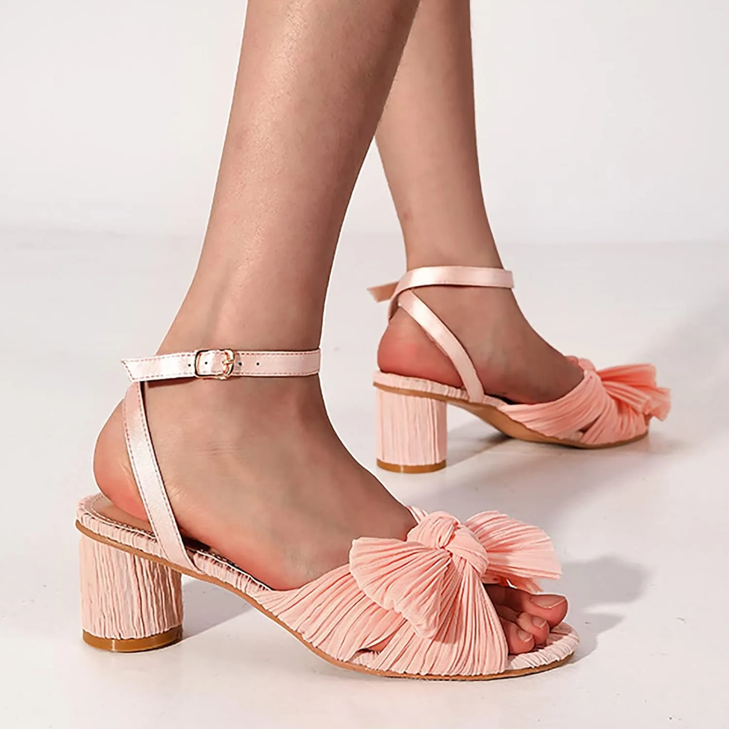Sandals Women Bow Knot Heeled Sandals Open Toe High Block Heels Ankle Strap Chunky Heels Bride Wedding Shoes