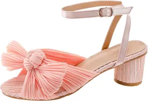 Sandals Women Bow Knot Heeled Sandals Open Toe High Block Heels Ankle Strap Chunky Heels Bride Wedding Shoes