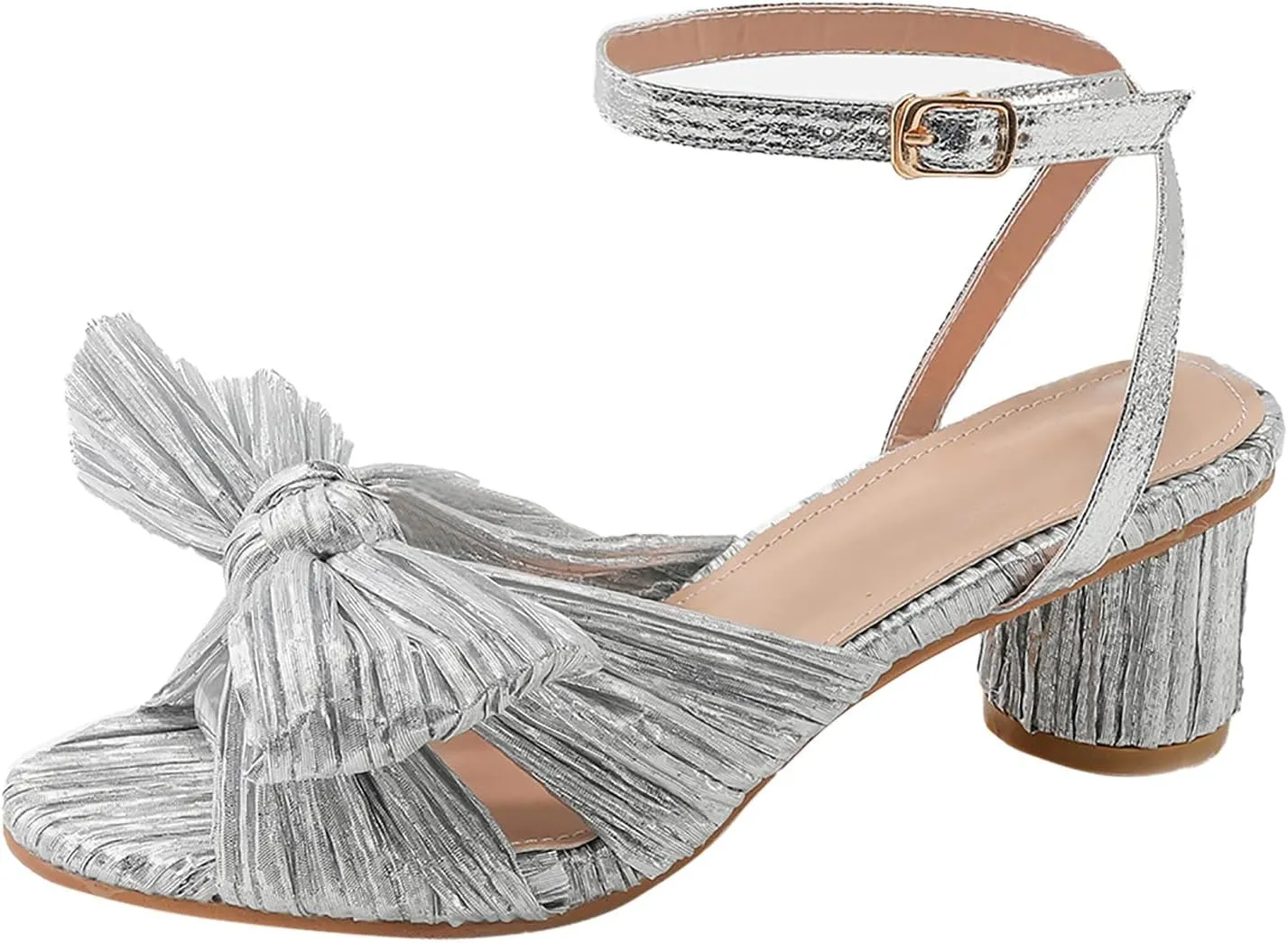 Sandals Women Bow Knot Heeled Sandals Open Toe High Block Heels Ankle Strap Chunky Heels Bride Wedding Shoes