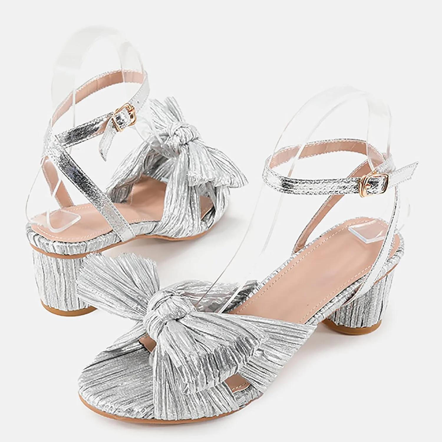 Sandals Women Bow Knot Heeled Sandals Open Toe High Block Heels Ankle Strap Chunky Heels Bride Wedding Shoes