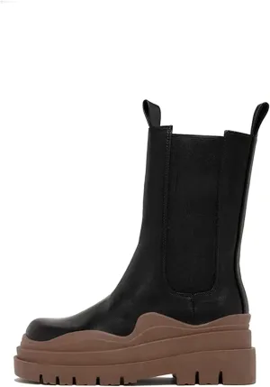 SANIOOOI Women Platform Chelsea Bootie,Fashion Mid Calf Boots Chunky Double Heel Round Toe Slip on Thick Sole