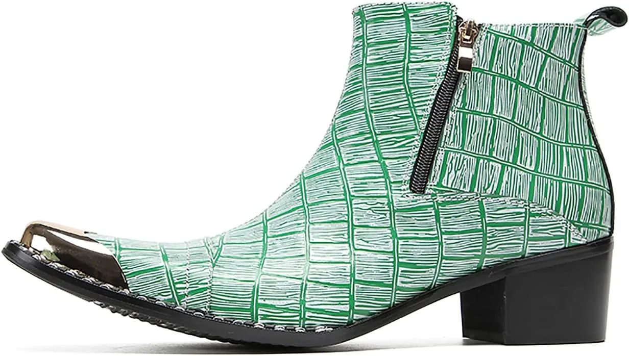 Santimon Mens Chelsea Boots Party Dress Casual Leather Metal Tip Toe Cowboy Boots Fashion Two-Sided Zipper Plaid Handmade Western Boots