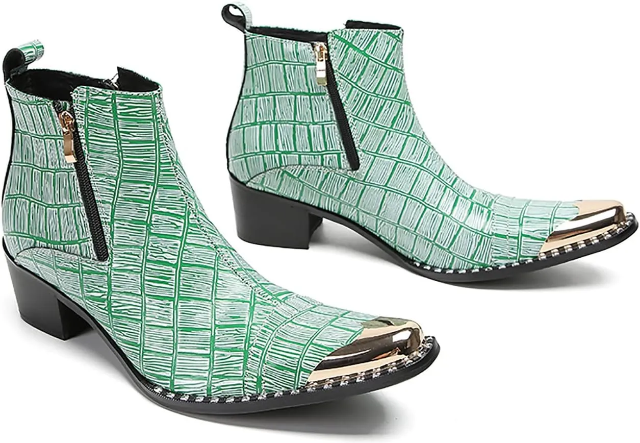 Santimon Mens Chelsea Boots Party Dress Casual Leather Metal Tip Toe Cowboy Boots Fashion Two-Sided Zipper Plaid Handmade Western Boots