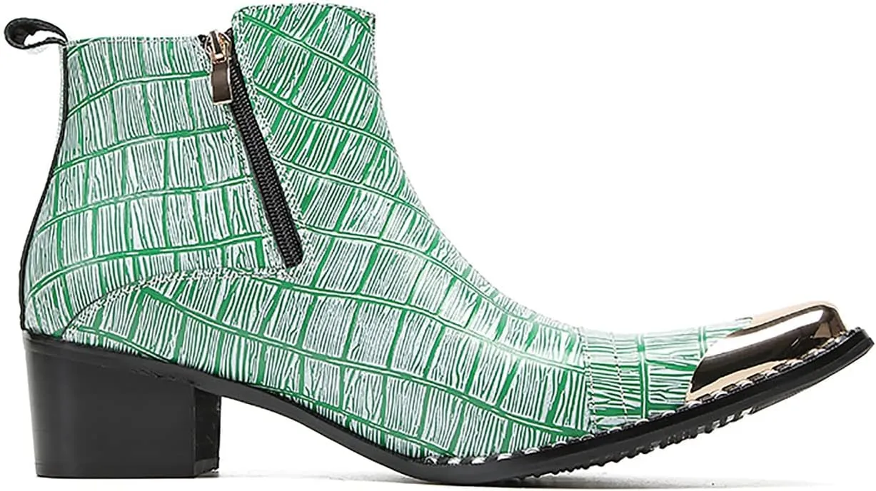 Santimon Mens Chelsea Boots Party Dress Casual Leather Metal Tip Toe Cowboy Boots Fashion Two-Sided Zipper Plaid Handmade Western Boots