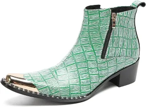 Santimon Mens Chelsea Boots Party Dress Casual Leather Metal Tip Toe Cowboy Boots Fashion Two-Sided Zipper Plaid Handmade Western Boots
