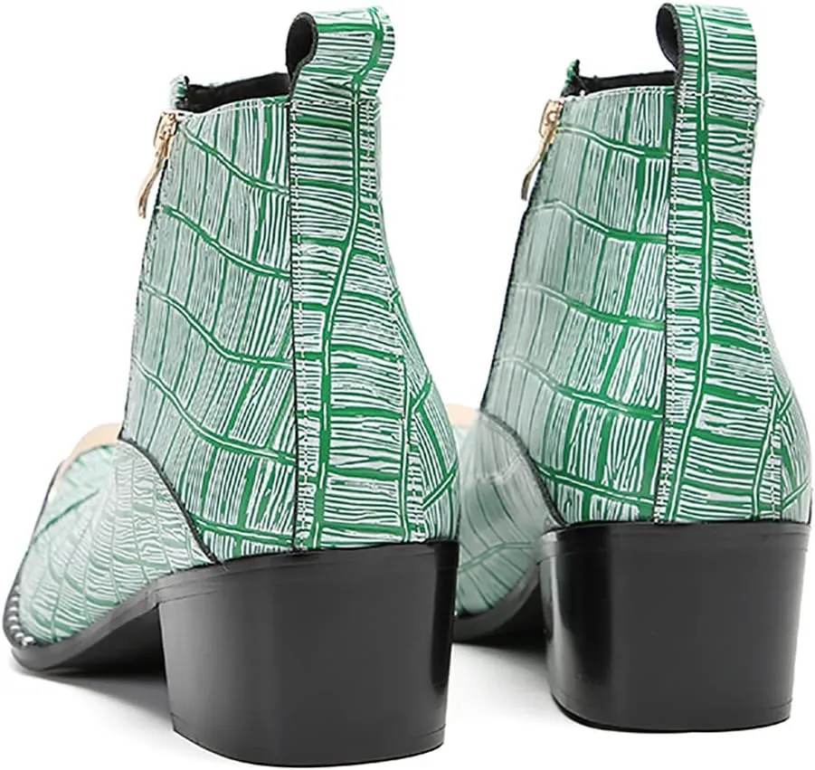 Santimon Mens Chelsea Boots Party Dress Casual Leather Metal Tip Toe Cowboy Boots Fashion Two-Sided Zipper Plaid Handmade Western Boots