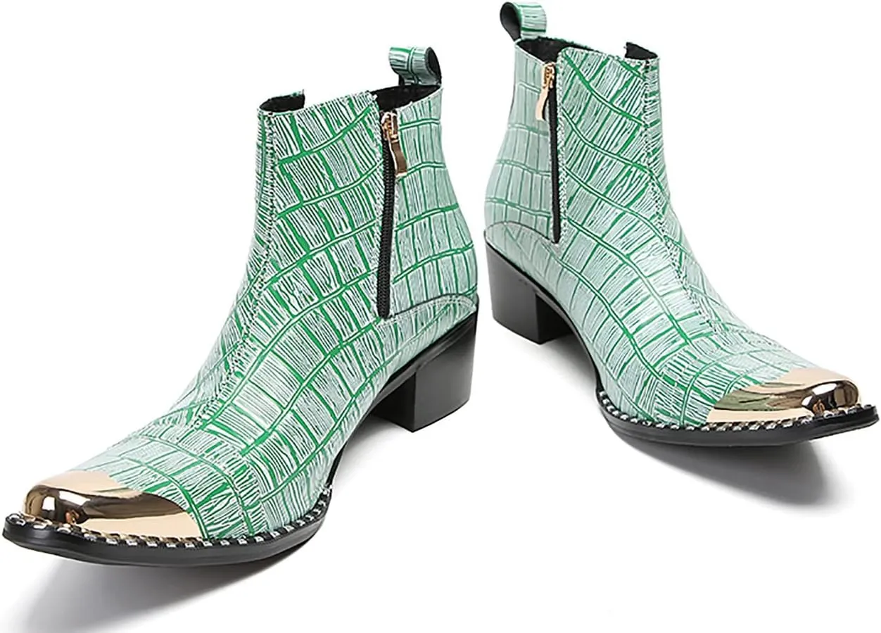 Santimon Mens Chelsea Boots Party Dress Casual Leather Metal Tip Toe Cowboy Boots Fashion Two-Sided Zipper Plaid Handmade Western Boots