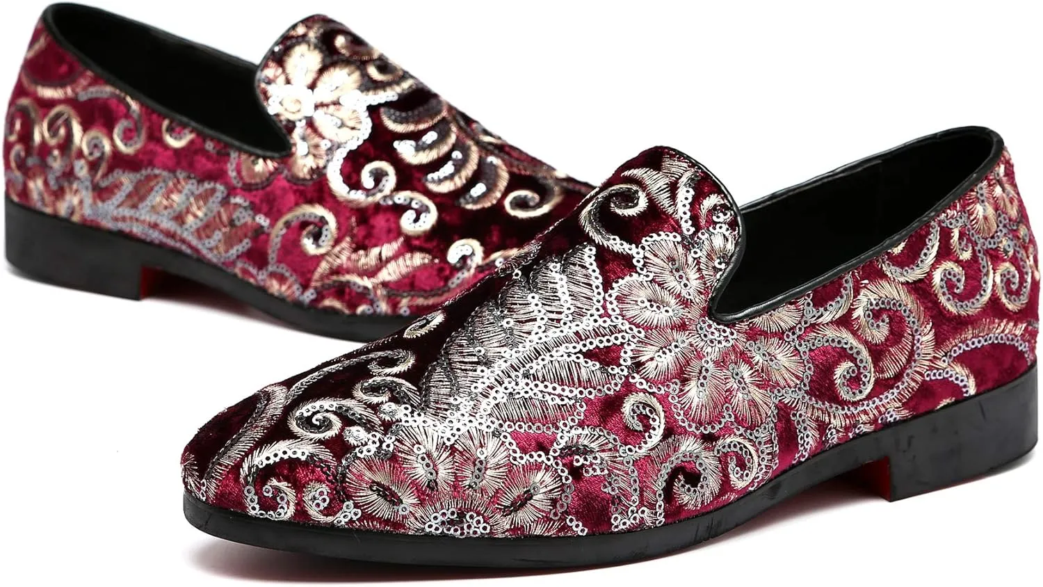 Santimon Mens Loafers Velvet Sequins Embroidered Smoking Slippers Dress Shoes Wedding Moccasins Slip-on Flats