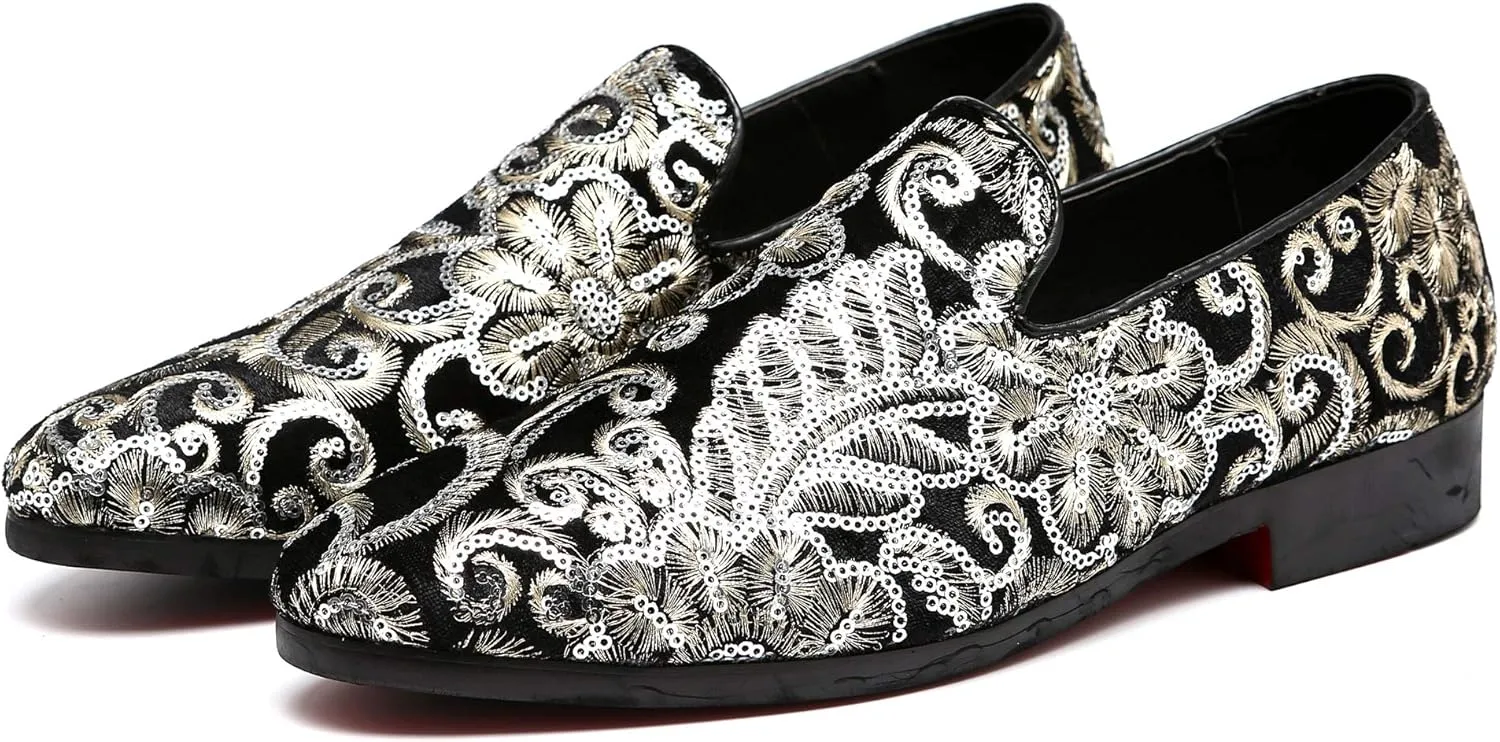 Santimon Mens Loafers Velvet Sequins Embroidered Smoking Slippers Dress Shoes Wedding Moccasins Slip-on Flats