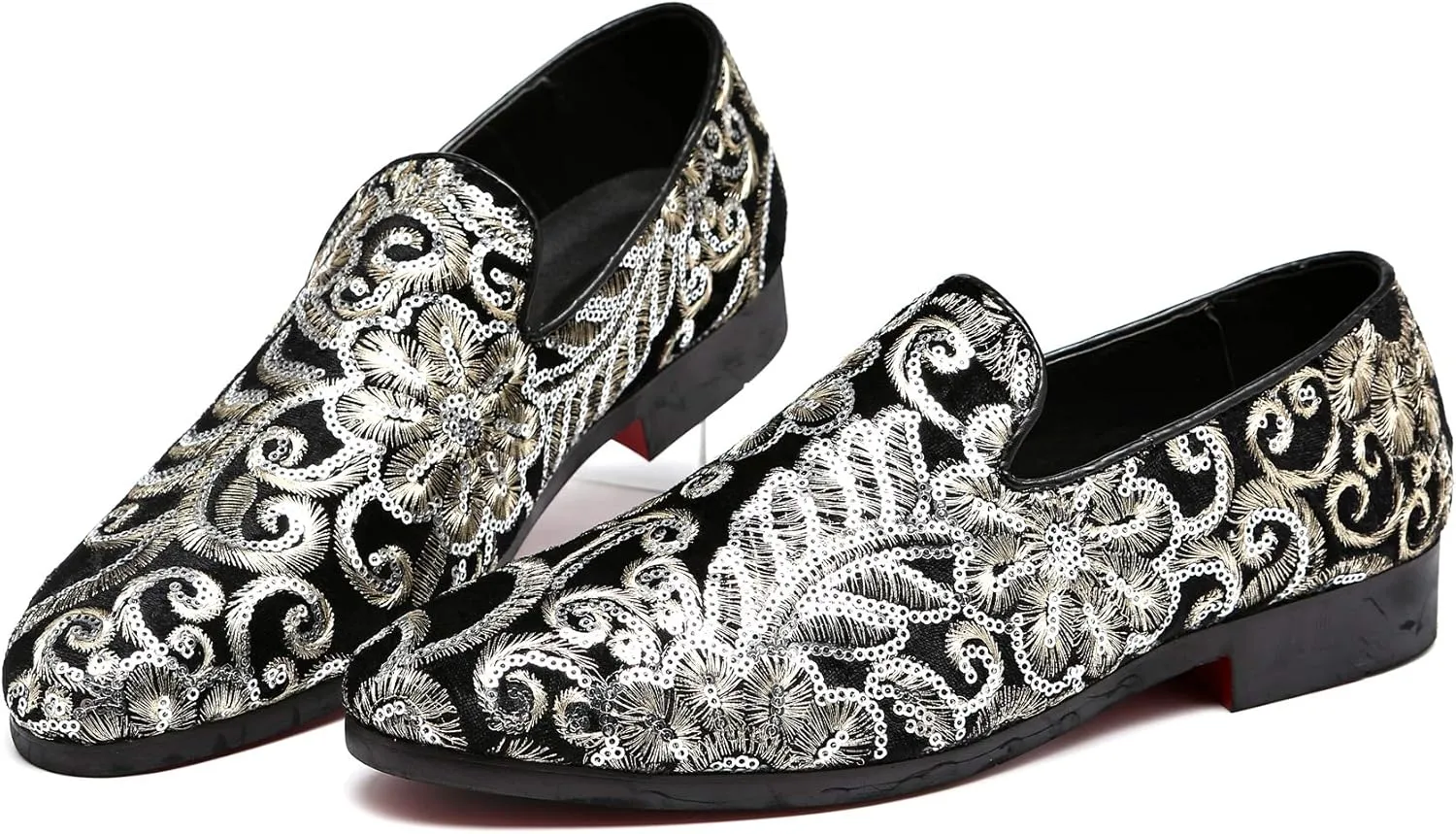 Santimon Mens Loafers Velvet Sequins Embroidered Smoking Slippers Dress Shoes Wedding Moccasins Slip-on Flats