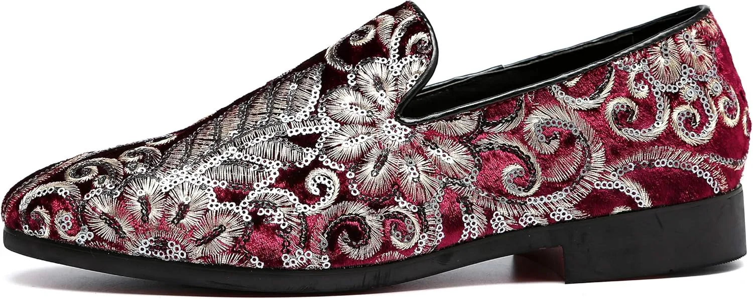 Santimon Mens Loafers Velvet Sequins Embroidered Smoking Slippers Dress Shoes Wedding Moccasins Slip-on Flats