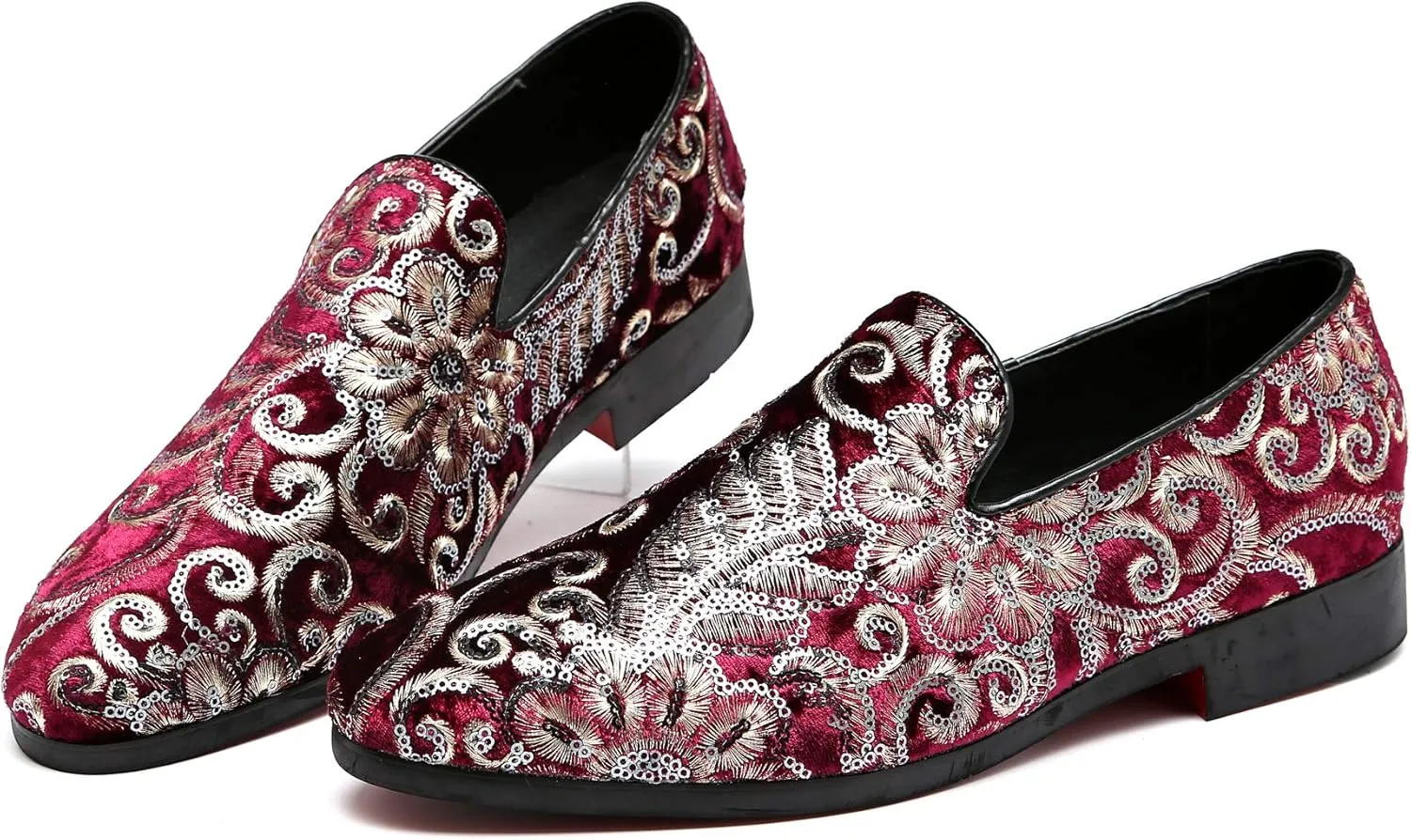 Santimon Mens Loafers Velvet Sequins Embroidered Smoking Slippers Dress Shoes Wedding Moccasins Slip-on Flats