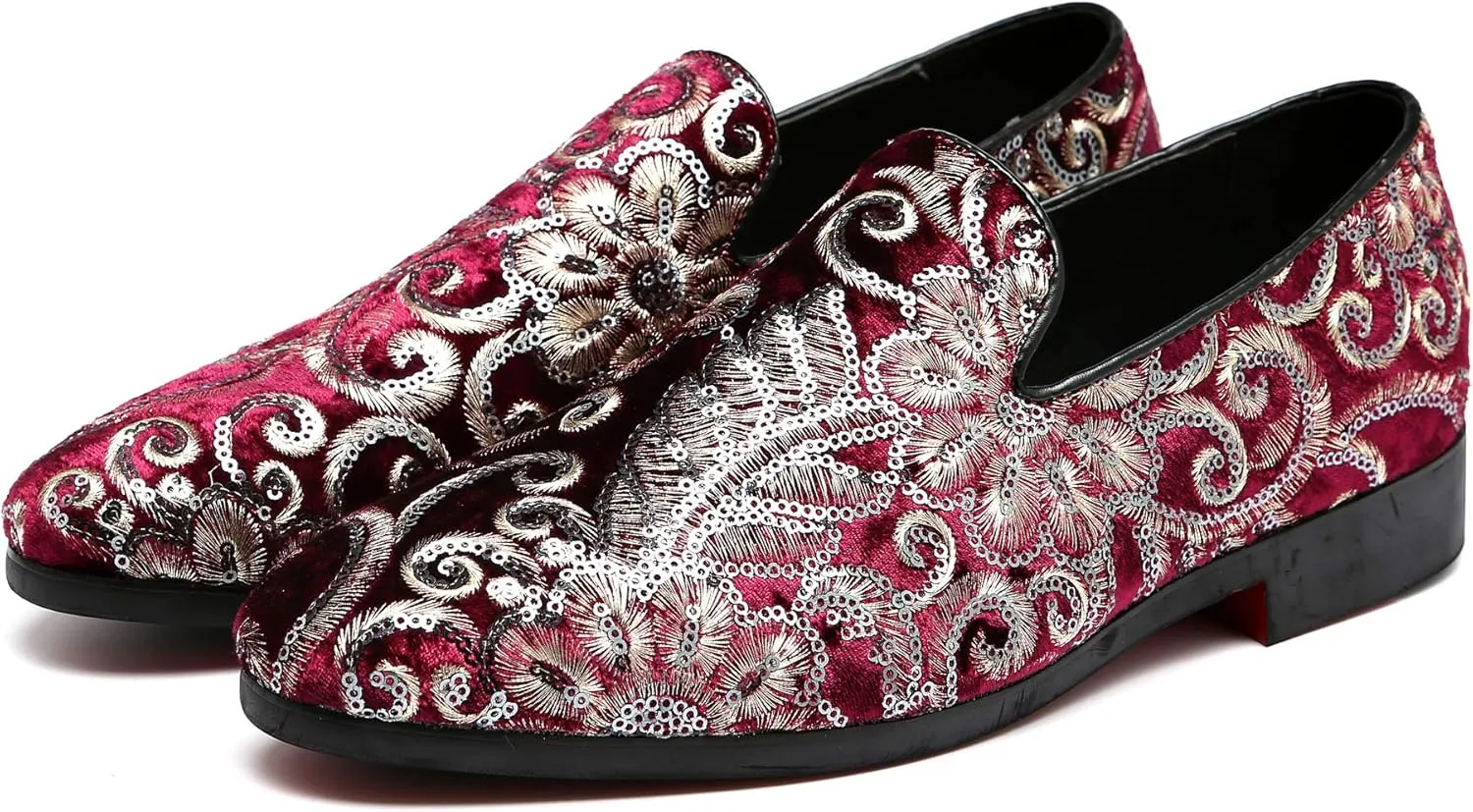 Santimon Mens Loafers Velvet Sequins Embroidered Smoking Slippers Dress Shoes Wedding Moccasins Slip-on Flats