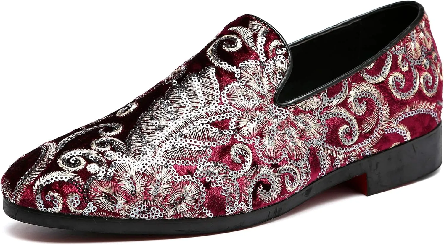 Santimon Mens Loafers Velvet Sequins Embroidered Smoking Slippers Dress Shoes Wedding Moccasins Slip-on Flats