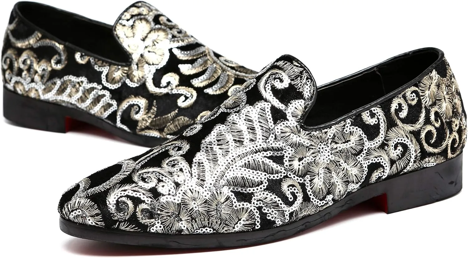 Santimon Mens Loafers Velvet Sequins Embroidered Smoking Slippers Dress Shoes Wedding Moccasins Slip-on Flats