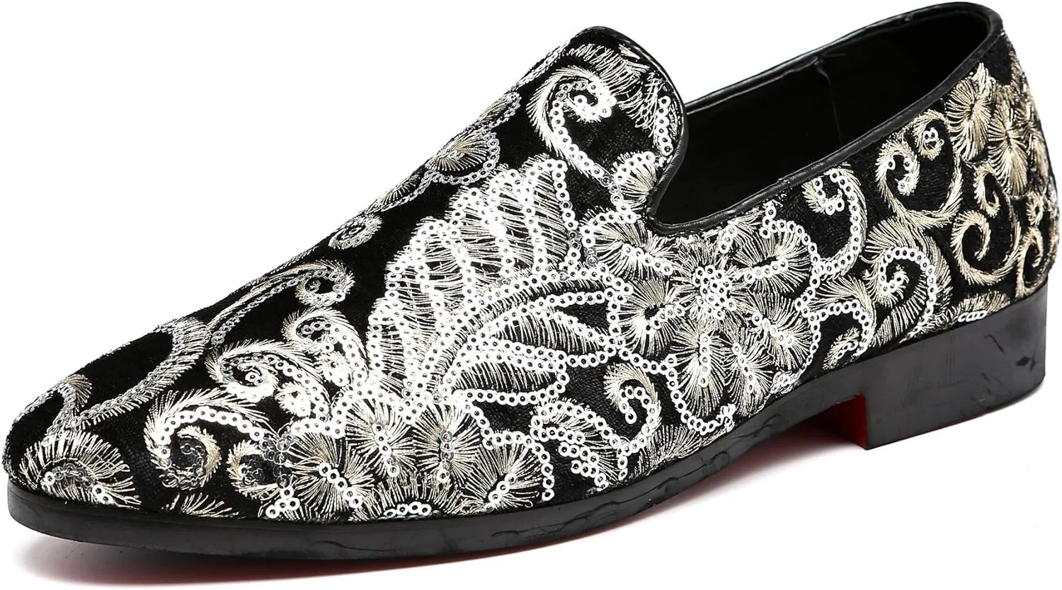 Santimon Mens Loafers Velvet Sequins Embroidered Smoking Slippers Dress Shoes Wedding Moccasins Slip-on Flats