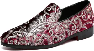 Santimon Mens Loafers Velvet Sequins Embroidered Smoking Slippers Dress Shoes Wedding Moccasins Slip-on Flats