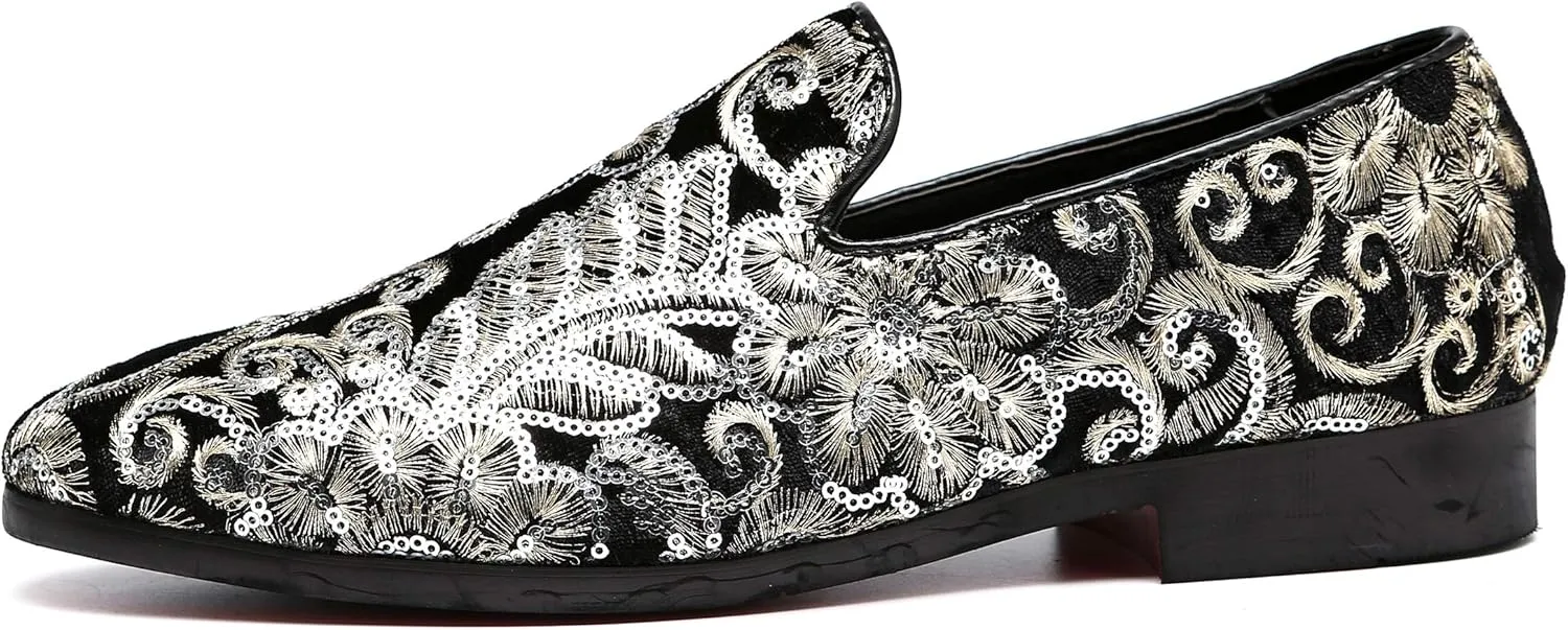 Santimon Mens Loafers Velvet Sequins Embroidered Smoking Slippers Dress Shoes Wedding Moccasins Slip-on Flats