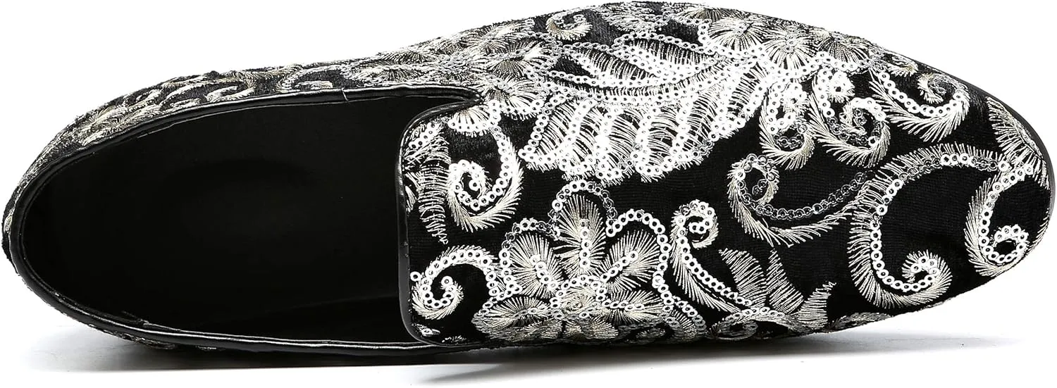 Santimon Mens Loafers Velvet Sequins Embroidered Smoking Slippers Dress Shoes Wedding Moccasins Slip-on Flats