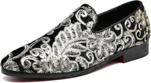 Santimon Mens Loafers Velvet Sequins Embroidered Smoking Slippers Dress Shoes Wedding Moccasins Slip-on Flats