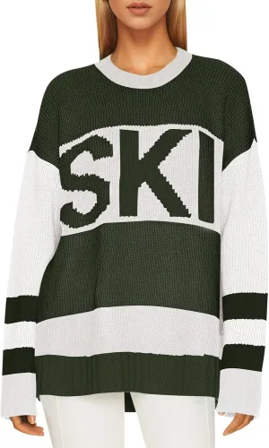 Saodimallsu Womens Color Block Oversized Sweater Ski Print Fall Trendy Crew Neck Long Sleeve Pullover Sweaters Knit Tops