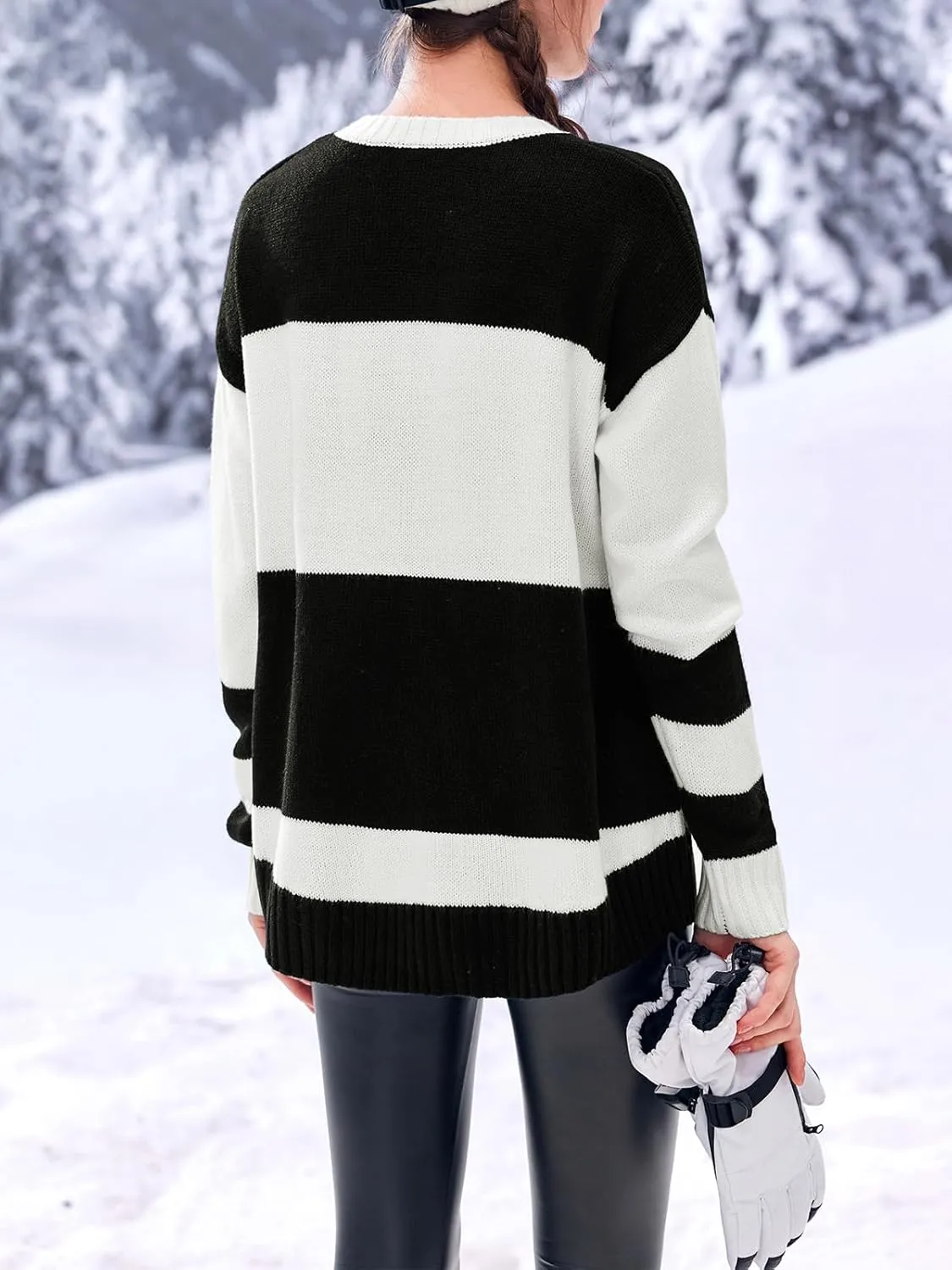 Saodimallsu Womens Color Block Oversized Sweater Ski Print Fall Trendy Crew Neck Long Sleeve Pullover Sweaters Knit Tops