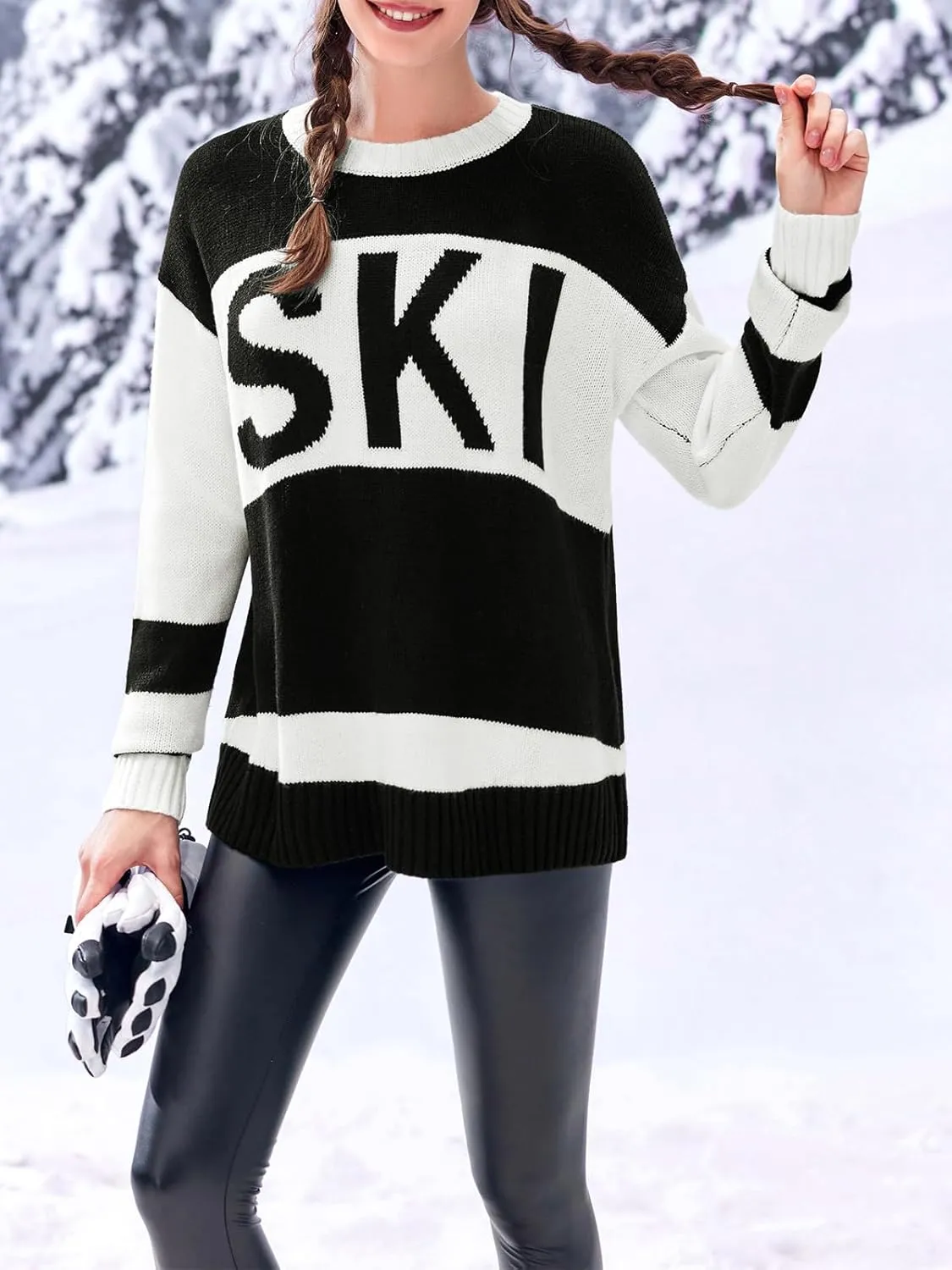 Saodimallsu Womens Color Block Oversized Sweater Ski Print Fall Trendy Crew Neck Long Sleeve Pullover Sweaters Knit Tops